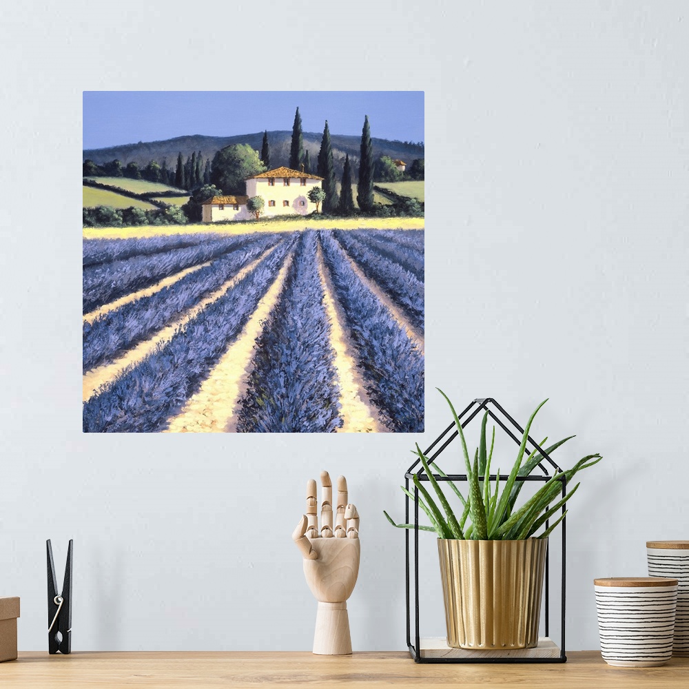 A bohemian room featuring Contemporary artwork of lavender fields in the countryside.