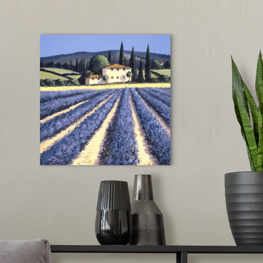 A modern room featuring Contemporary artwork of lavender fields in the countryside.