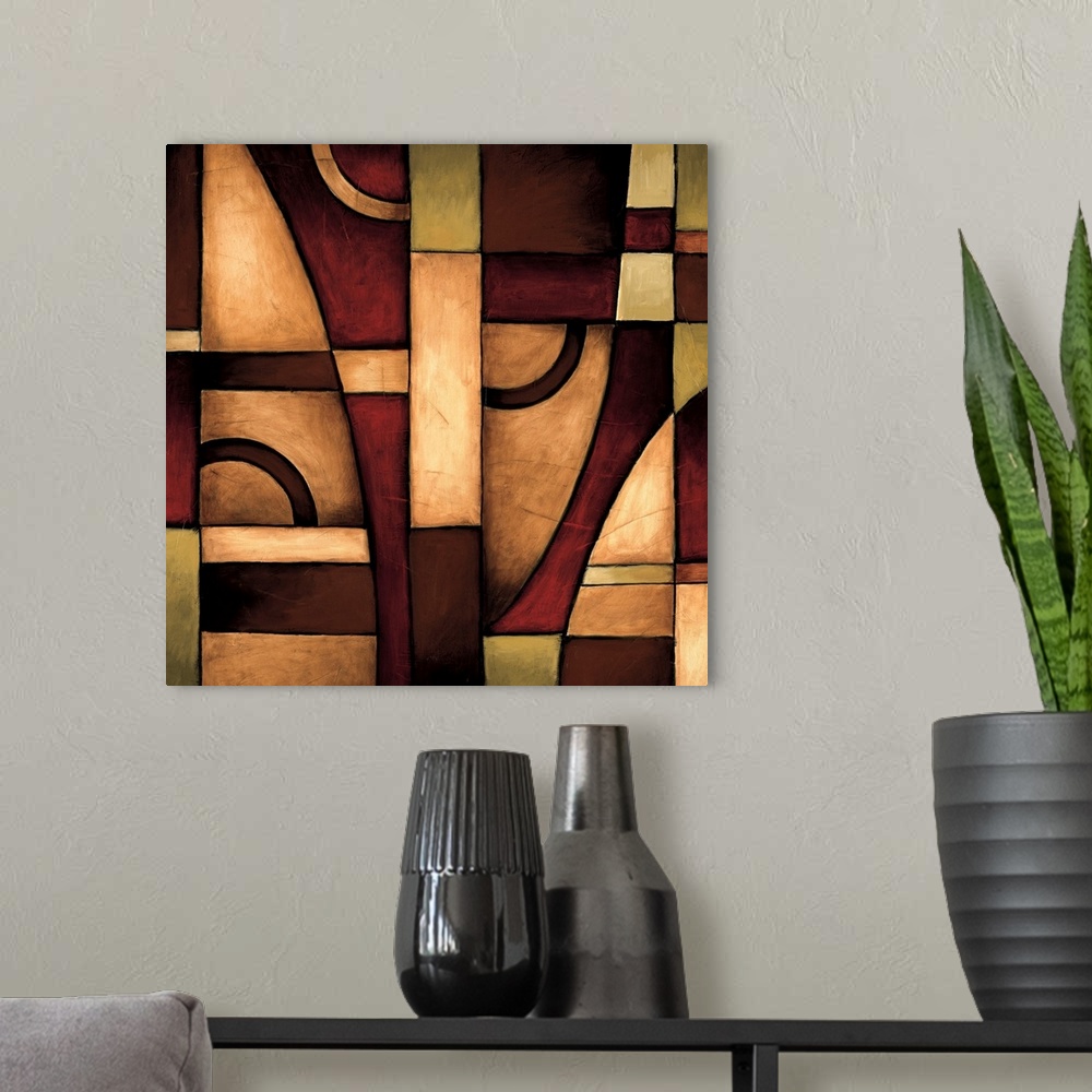 A modern room featuring Abstract painting of squared and curved shapes overlapping in earth color tones.
