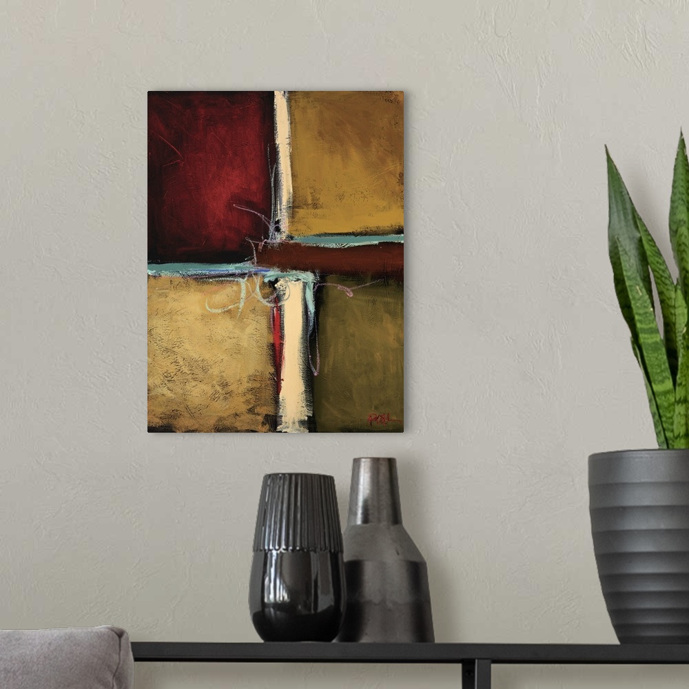 A modern room featuring Abstract painting of squared shapes overlapped in earth tones.