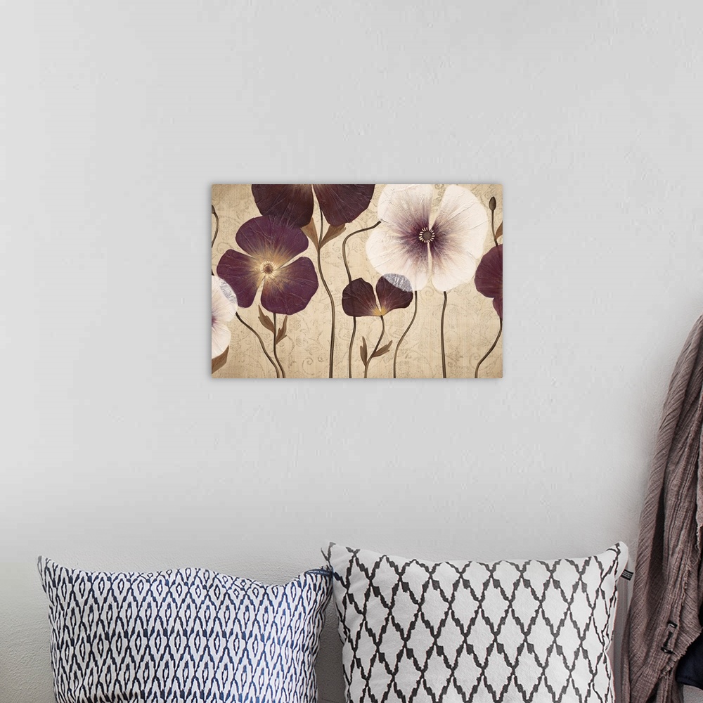 A bohemian room featuring Horizontal painting of a group of white and plum flowers against a neutral backdrop.