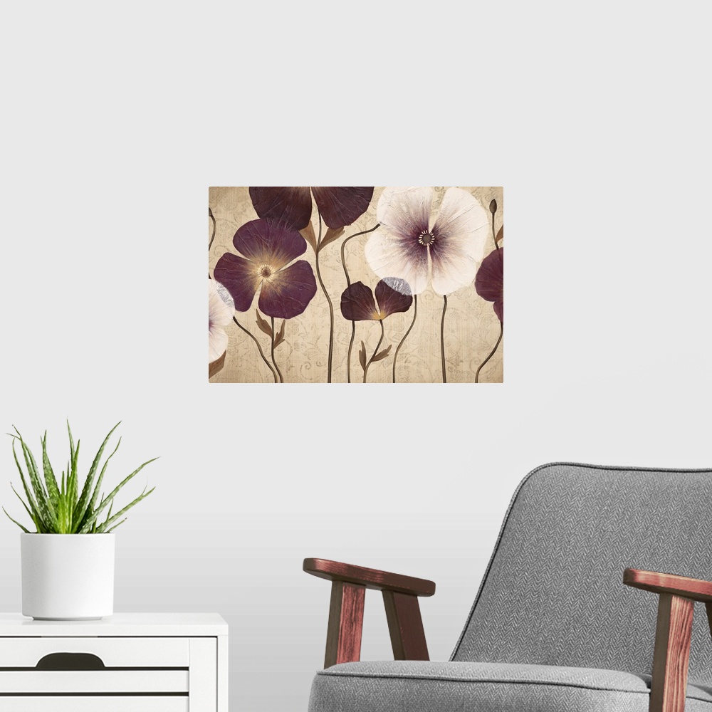 A modern room featuring Horizontal painting of a group of white and plum flowers against a neutral backdrop.