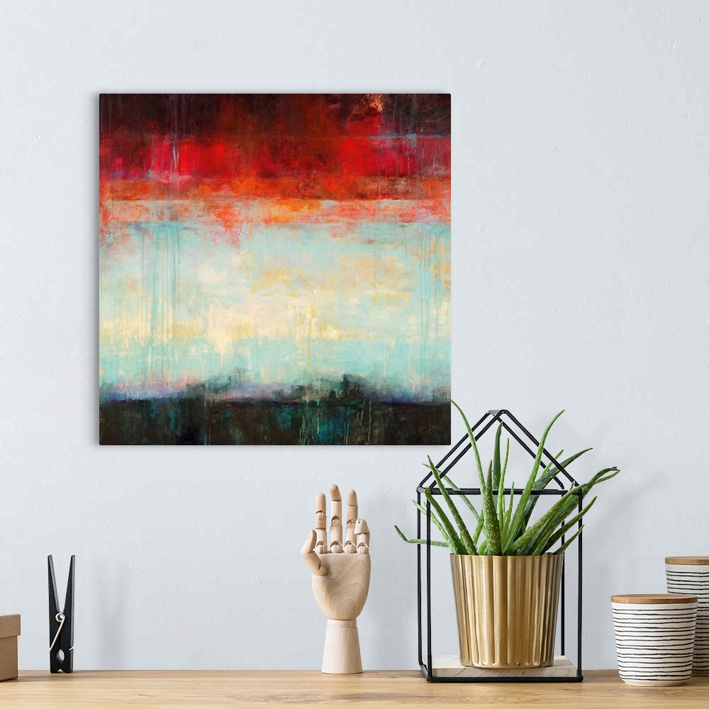 A bohemian room featuring Square abstract landscape of horizontal wide brush strokes of red, blue, cream and black with dri...