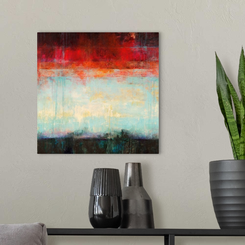 A modern room featuring Square abstract landscape of horizontal wide brush strokes of red, blue, cream and black with dri...