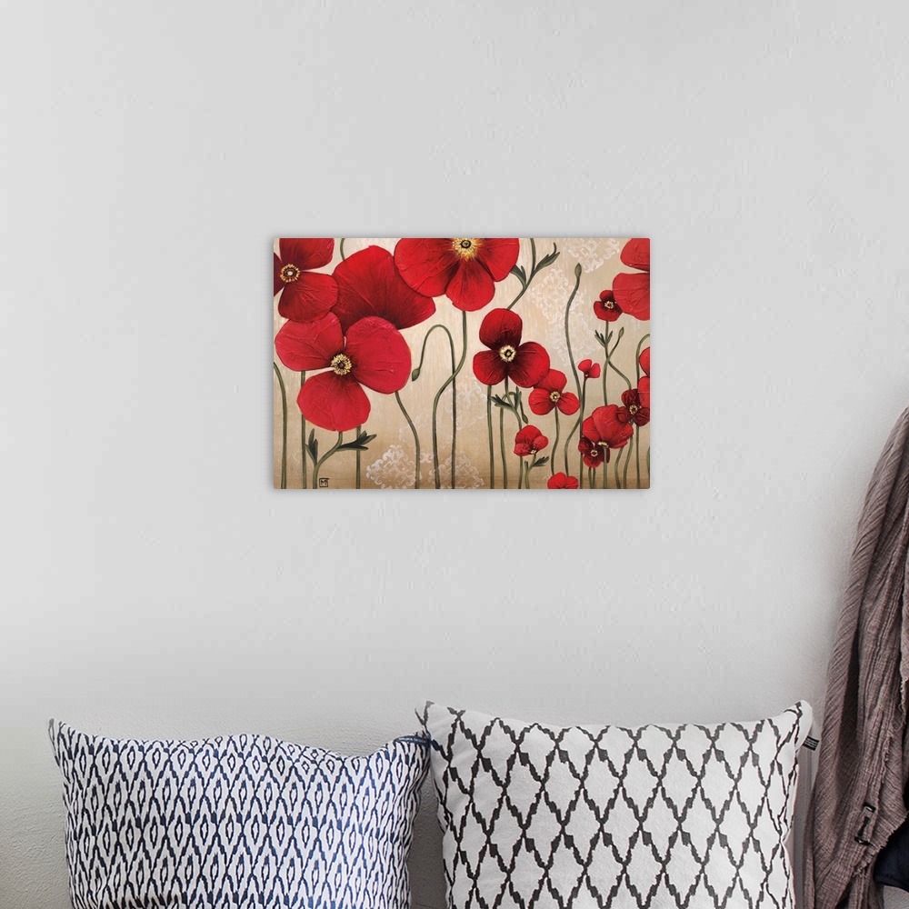 A bohemian room featuring Contemporary painting of a group of red flowers with textured petals against a neutral backdrop w...