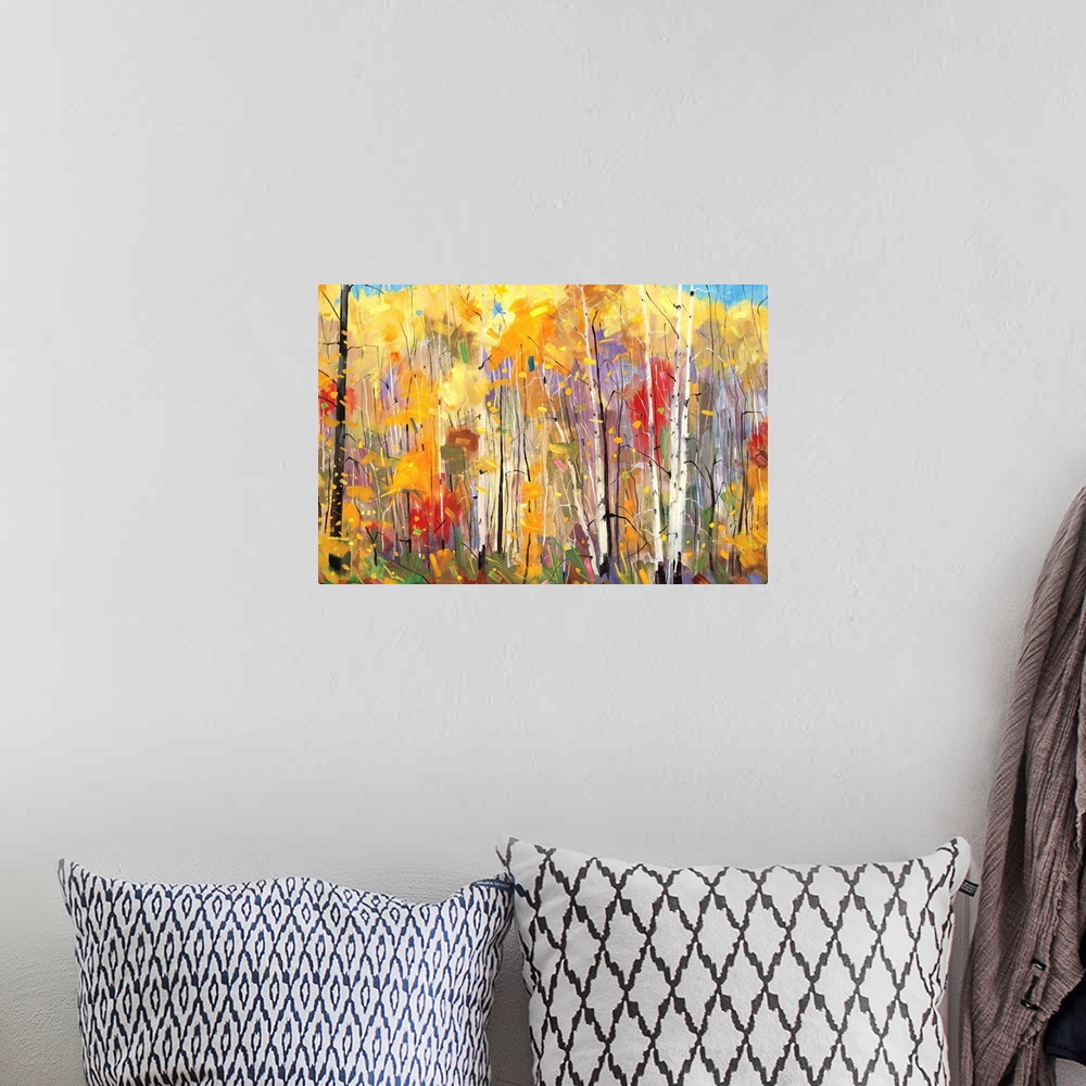 A bohemian room featuring Contemporary painting of a forest full of colorful trees in tones of red, yellow and orange.
