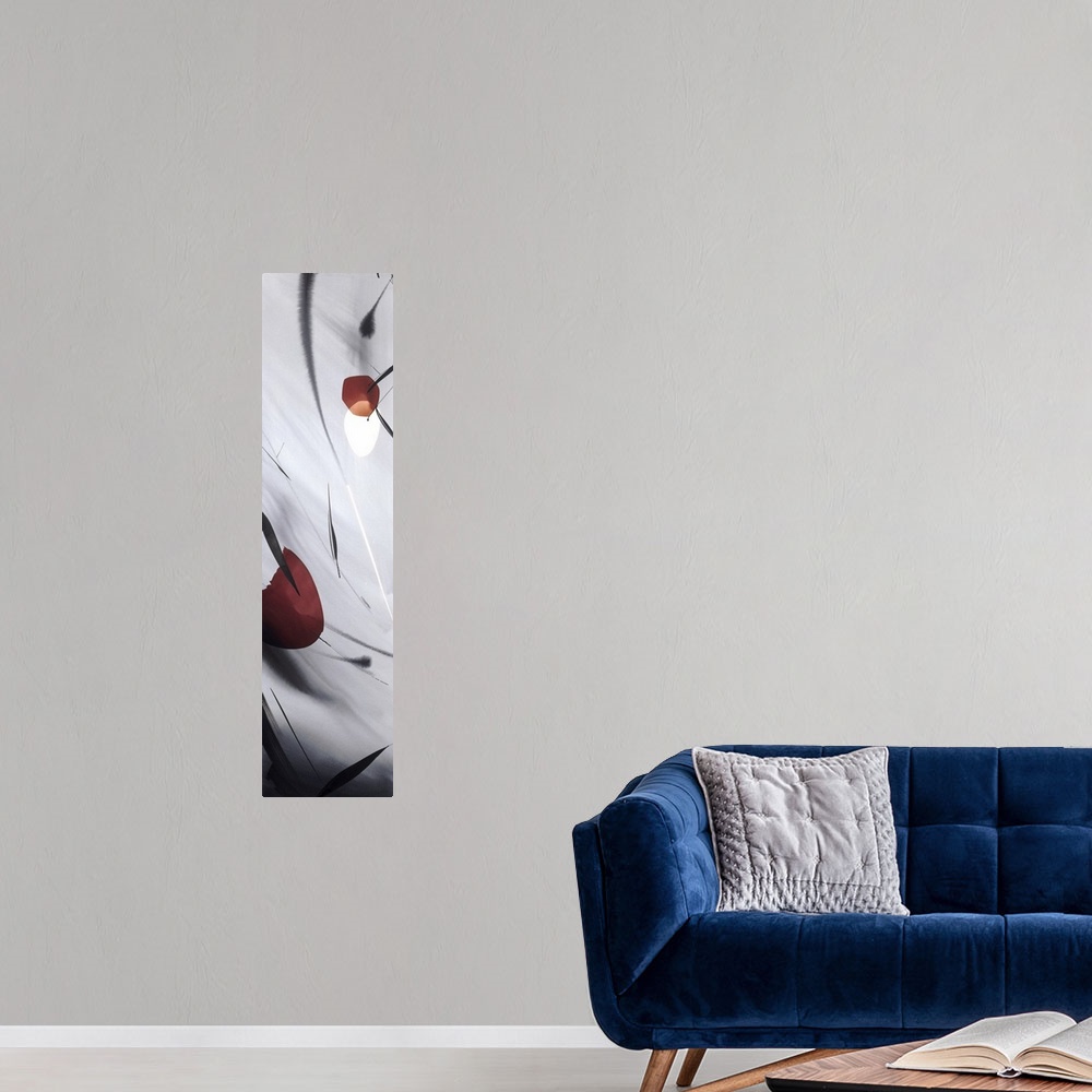 A modern room featuring A long vertical painting in a modern design of flowers.