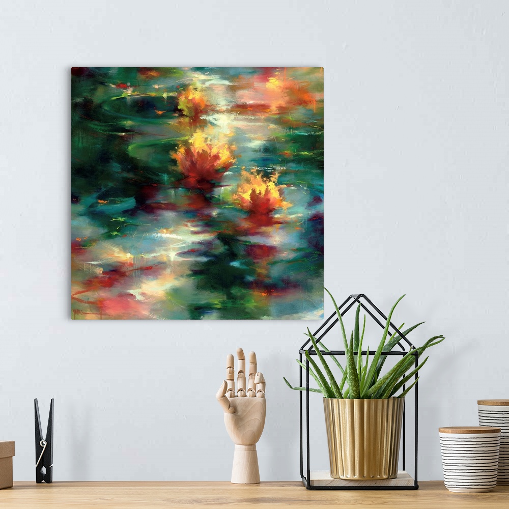 A bohemian room featuring A square abstract of colorful lily pads on the surface of a rippling pond.