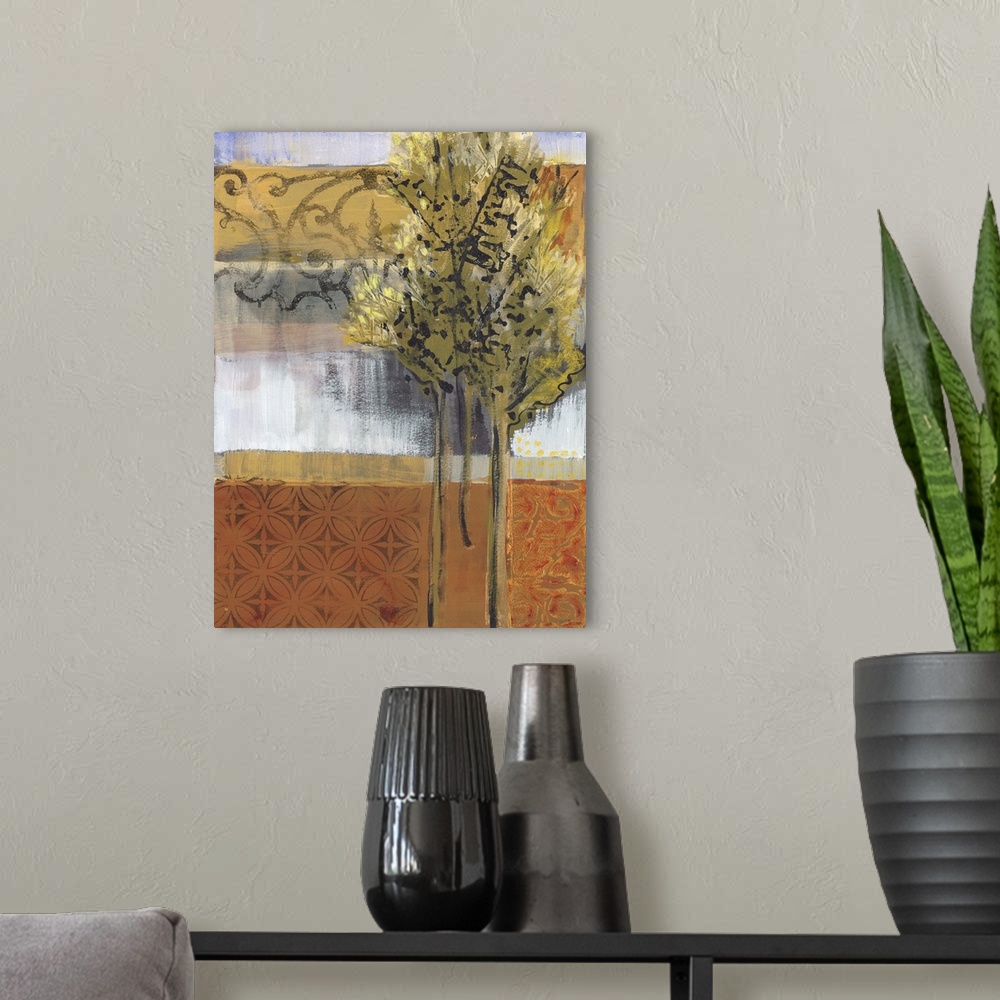 A modern room featuring A vertical landscape painting of a few trees along a path next to water with a subtle hint of a g...