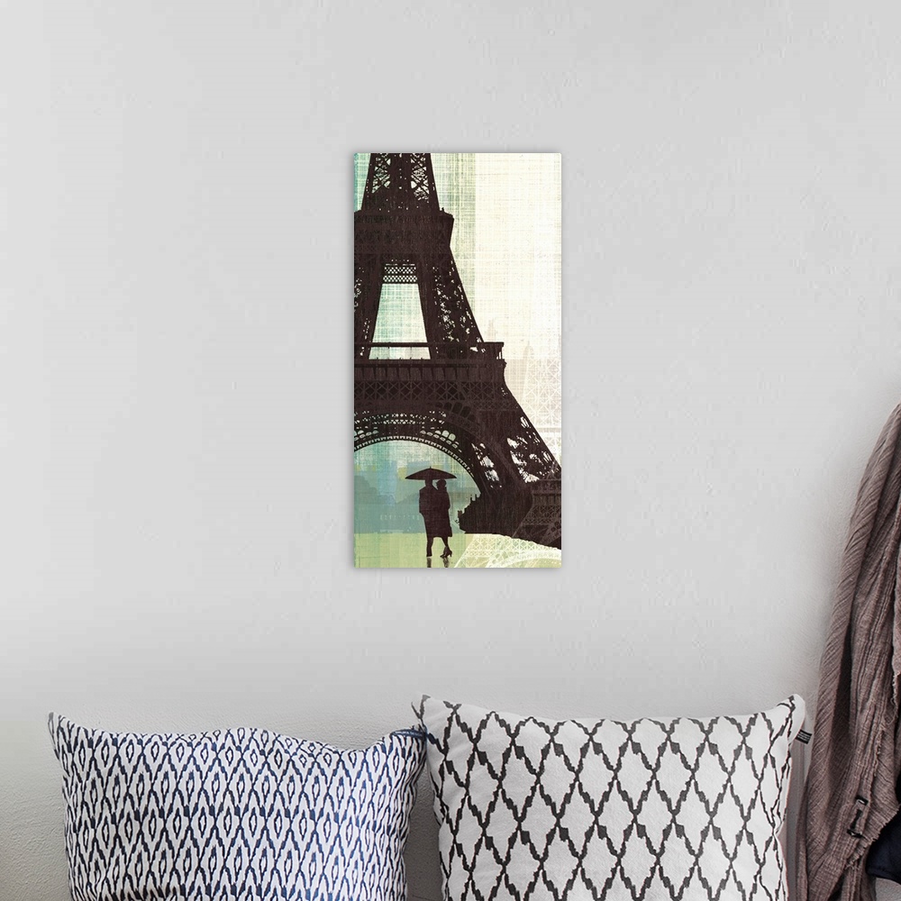 A bohemian room featuring A digital illustration of a couple standing underneath the Eiffel Tower with a weaved textured ba...