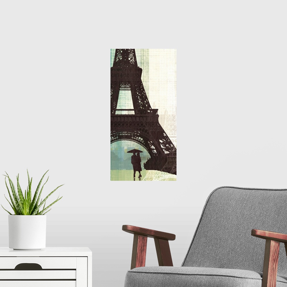 A modern room featuring A digital illustration of a couple standing underneath the Eiffel Tower with a weaved textured ba...
