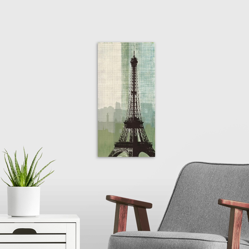A modern room featuring A vertical digital illustration of the Eiffel Tower with a city backdrop in a weaved textured eff...