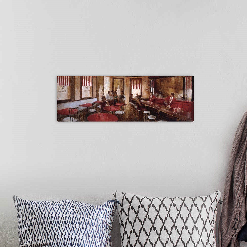 A bohemian room featuring A panoramic painting of people enjoying an evening at a bar.