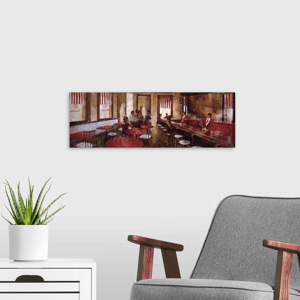 A modern room featuring A panoramic painting of people enjoying an evening at a bar.