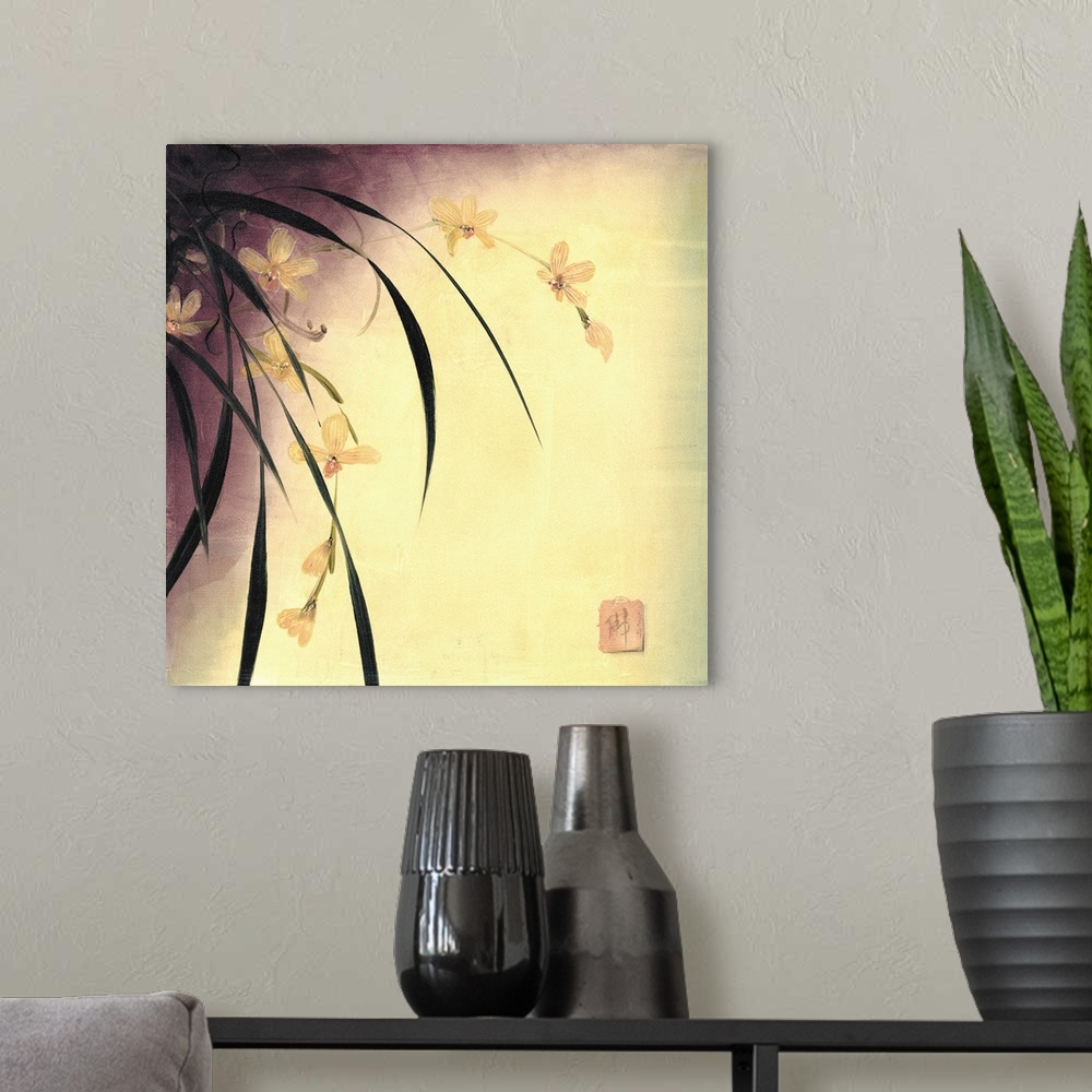 A modern room featuring Square painting of yellow orchid plant against of yellow background.