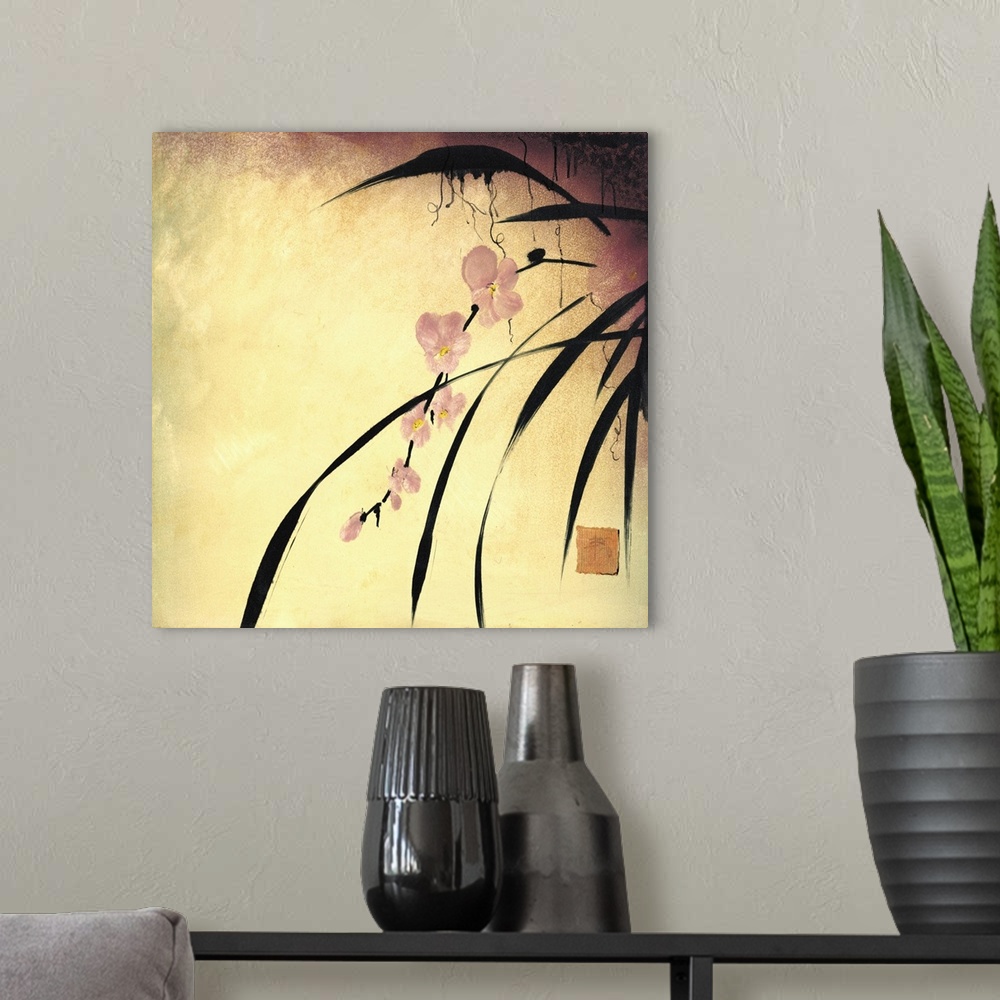 A modern room featuring Square painting of pink orchid plant against of yellow background.