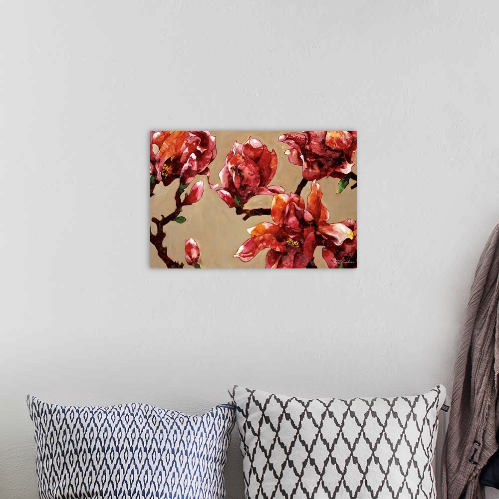 A bohemian room featuring Contemporary painting of a group of red magnolias against a neutral backdrop.