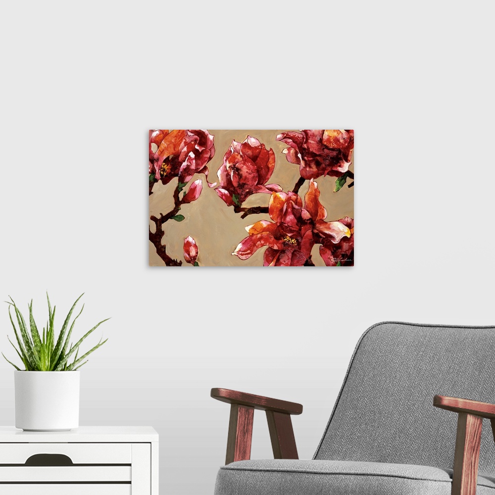 A modern room featuring Contemporary painting of a group of red magnolias against a neutral backdrop.