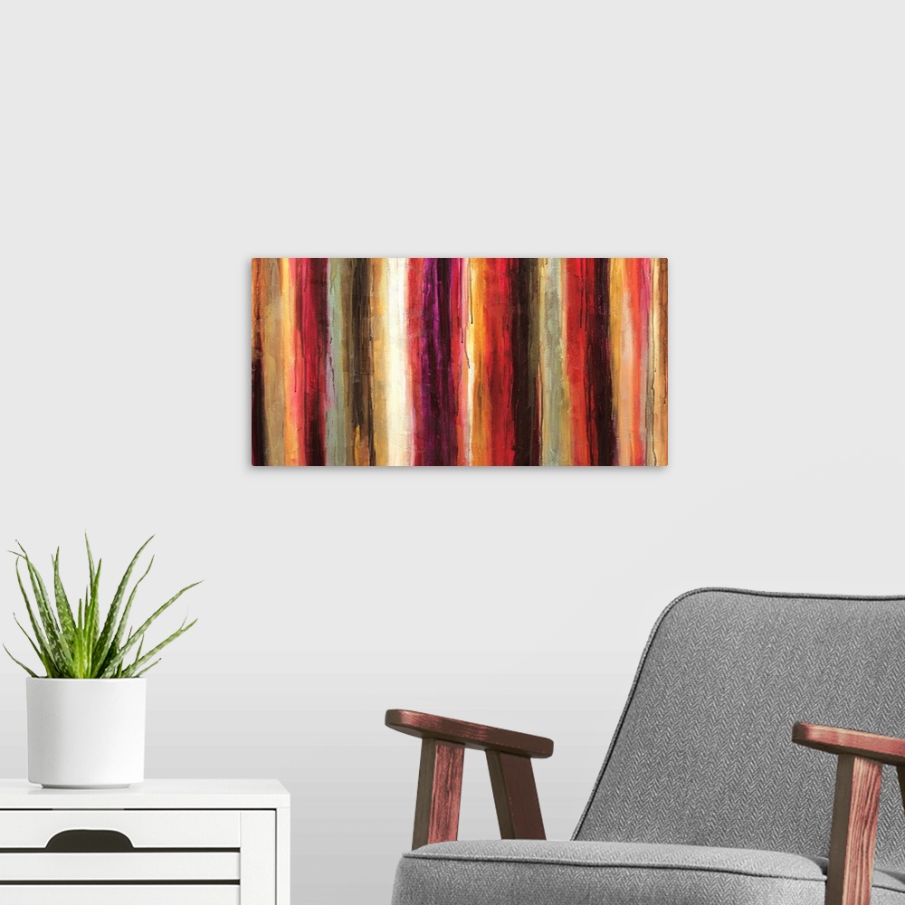 A modern room featuring Contemporary painting of warm tones of red, purple and orange in vertical stripes and drips of pa...