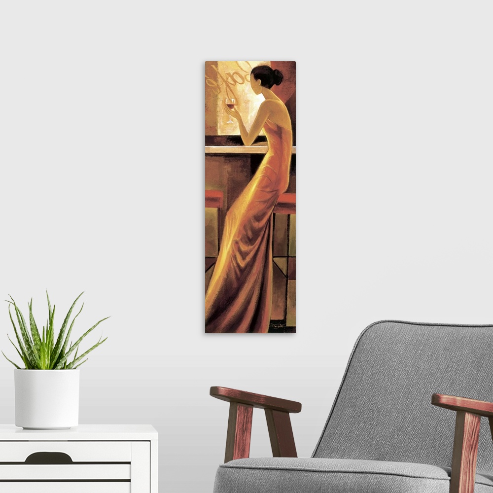 A modern room featuring Contemporary artwork of a woman wearing a long gown in golden light.
