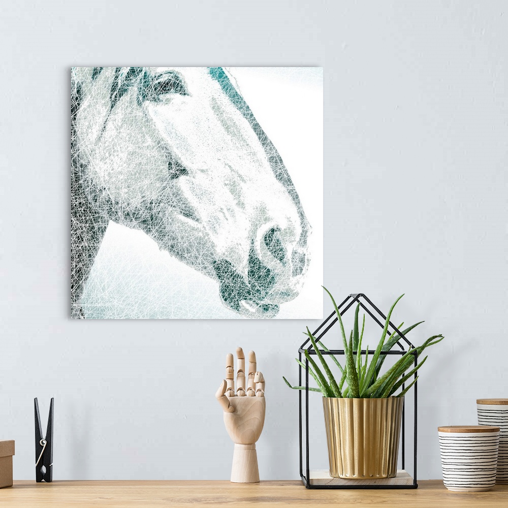 A bohemian room featuring A square digital illustration of the face of a horse done in shades of blue and gray with white c...