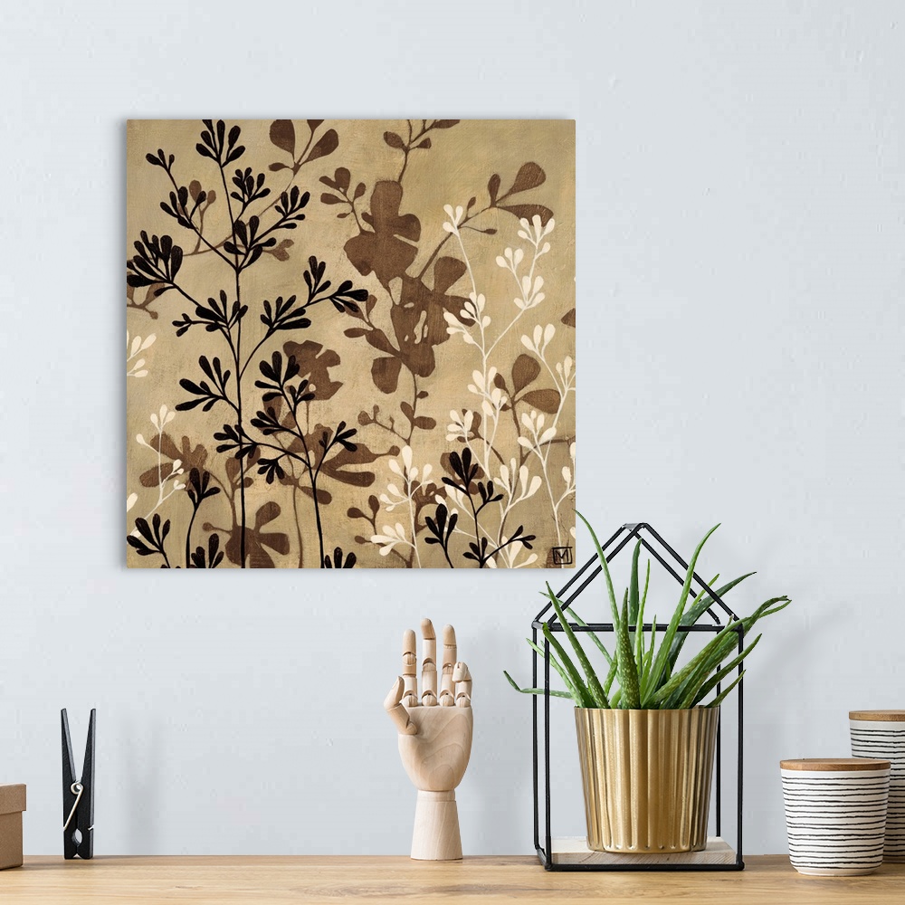 A bohemian room featuring Contemporary painting of a group of flowers in muted earth tones of black, brown and white.