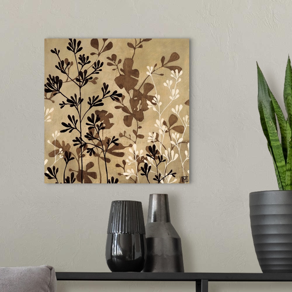 A modern room featuring Contemporary painting of a group of flowers in muted earth tones of black, brown and white.