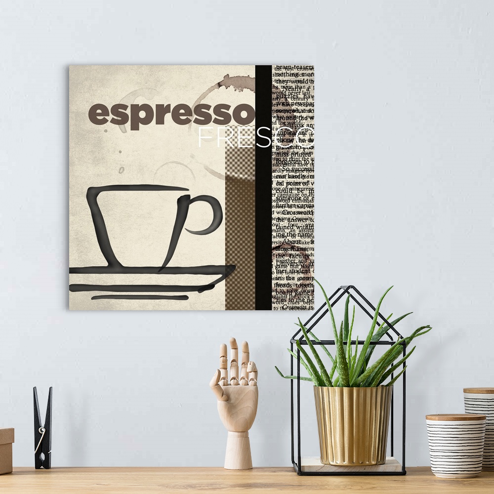 A bohemian room featuring Decorative artwork of a cup and text on the side with "Espresso Fresco".