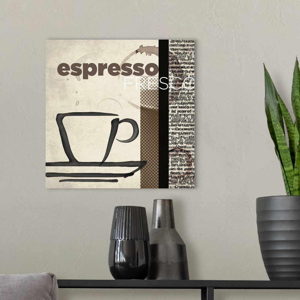 A modern room featuring Decorative artwork of a cup and text on the side with "Espresso Fresco".