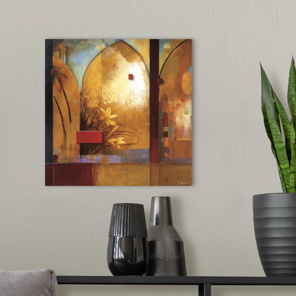A modern room featuring A contemporary painting of lilies in a arched window bordered with a square grid design.