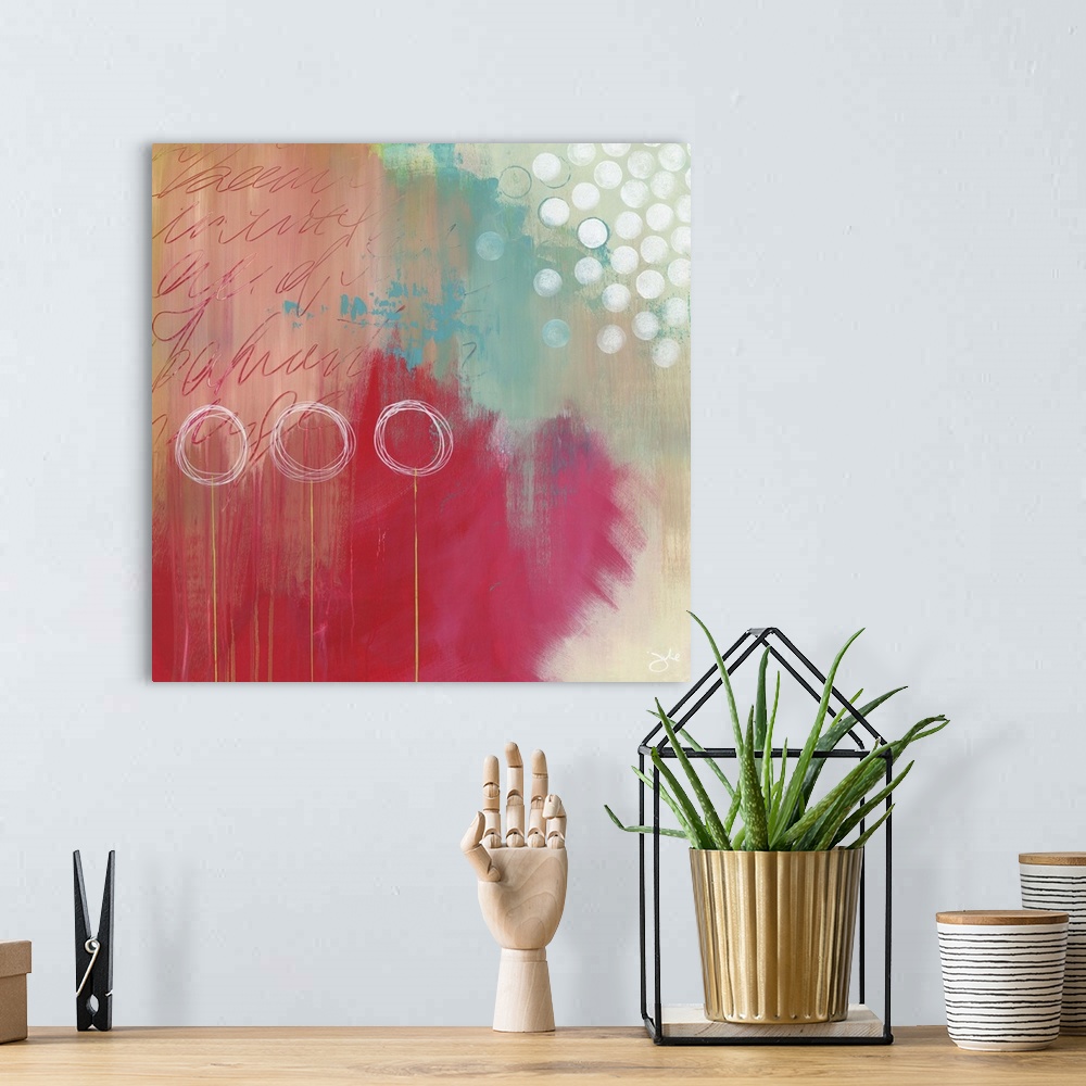 A bohemian room featuring Fuchsia abstract with three circles.