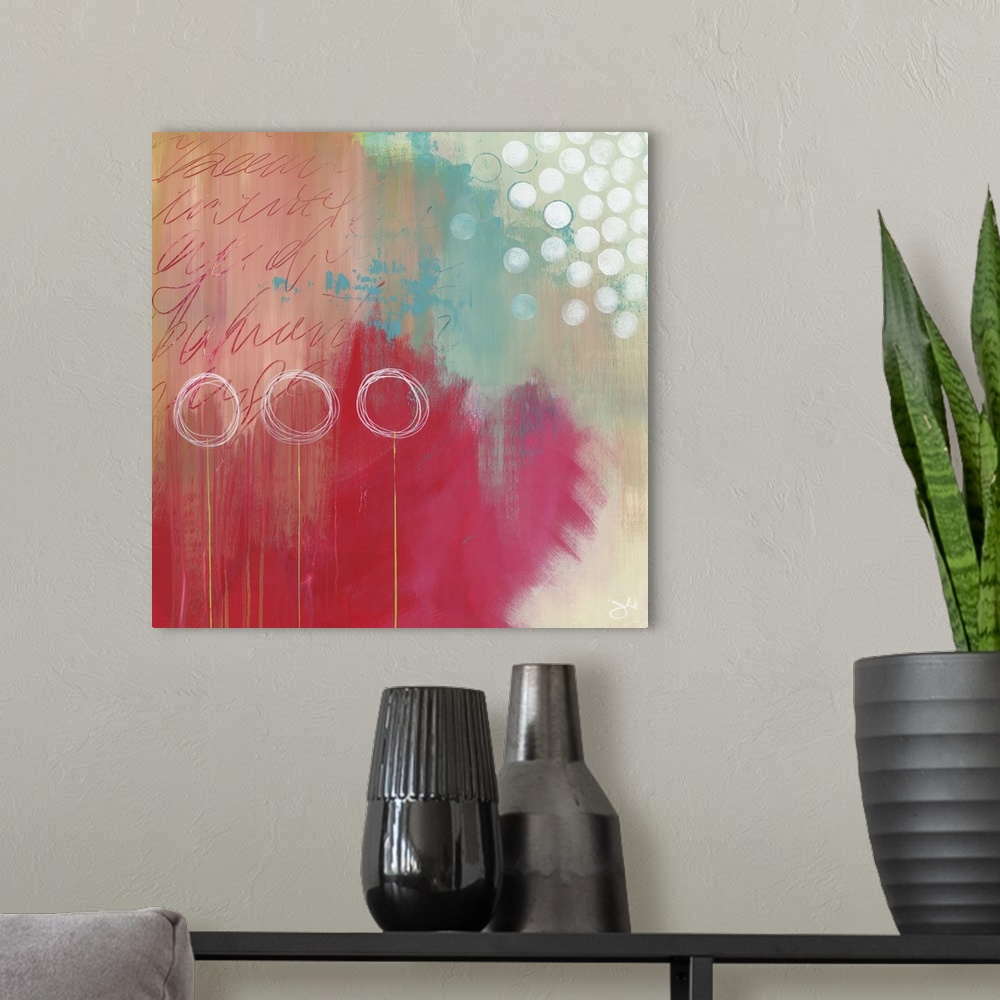 A modern room featuring Fuchsia abstract with three circles.