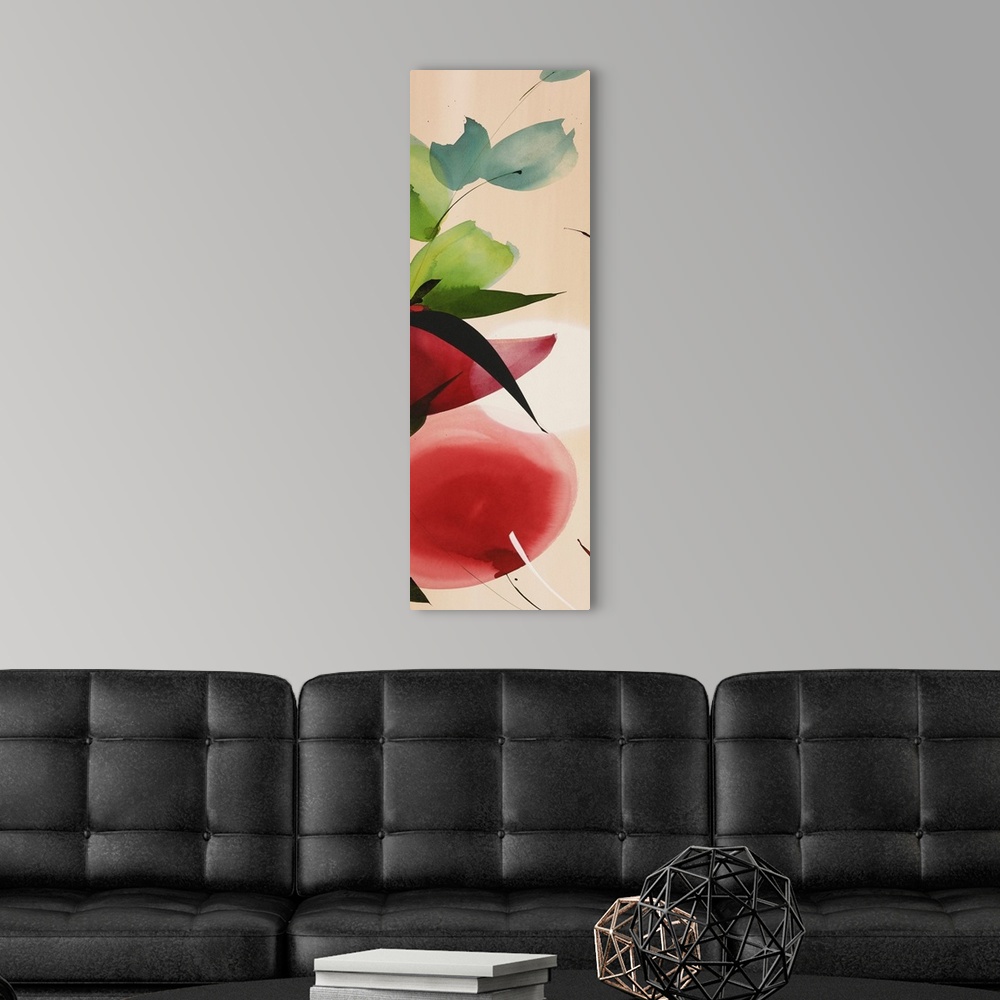 A modern room featuring A long vertical painting in a modern design of flowers in warm tones.