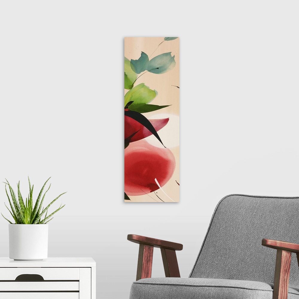 A modern room featuring A long vertical painting in a modern design of flowers in warm tones.
