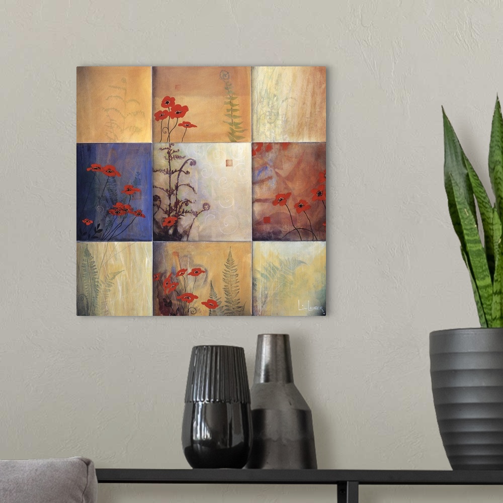 A modern room featuring Square painting of nine images of ferns and flowers in different colors and views.