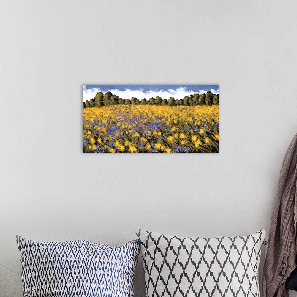 A bohemian room featuring A panoramic image of a field of purple and yellow flowers with a line of trees in the background.