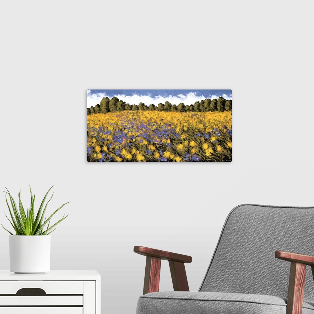 A modern room featuring A panoramic image of a field of purple and yellow flowers with a line of trees in the background.