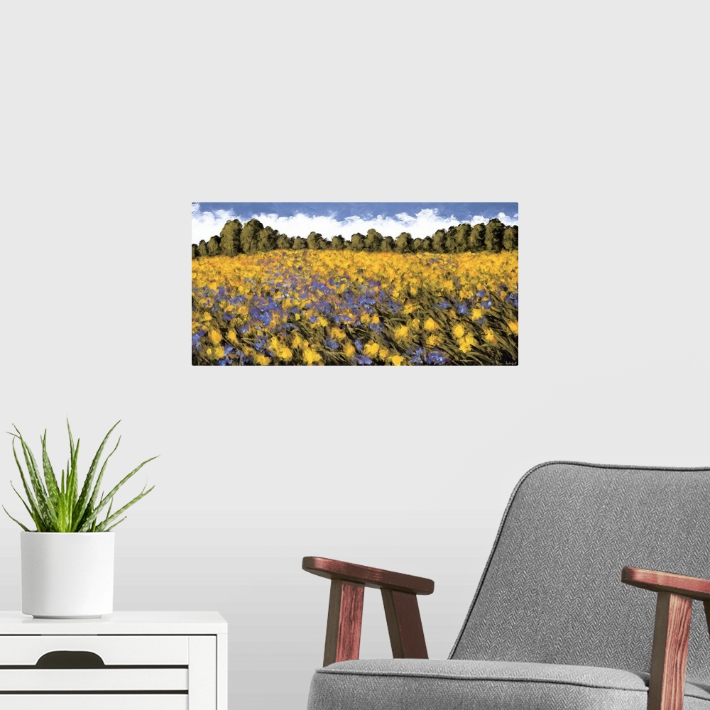A modern room featuring A panoramic image of a field of purple and yellow flowers with a line of trees in the background.