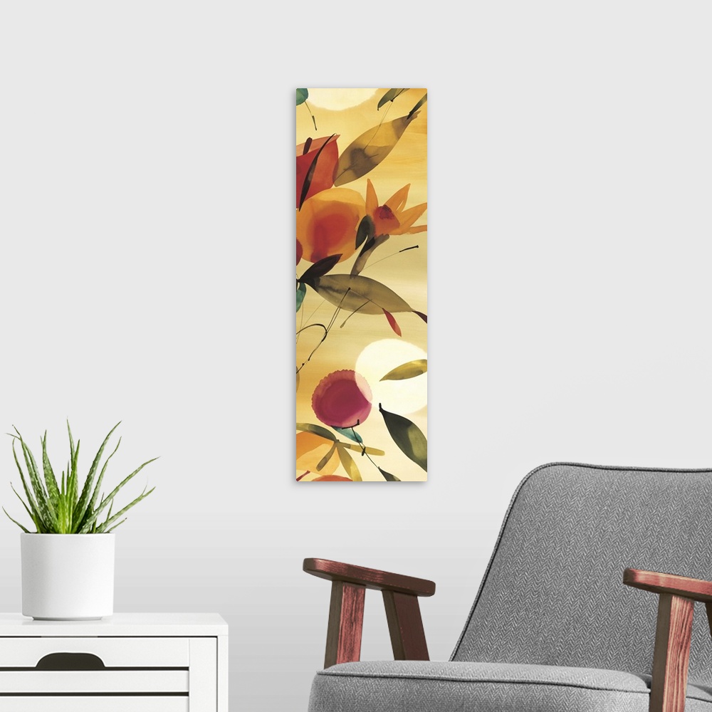 A modern room featuring A long vertical painting in a modern design of leaves on a warm backdrop.