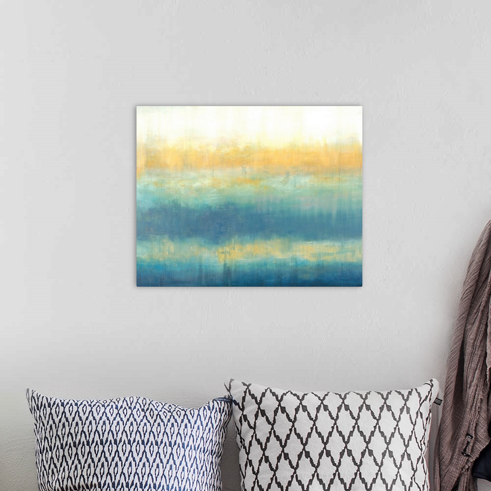 A bohemian room featuring Abstract painting in textured colors of white, yellow and blue.