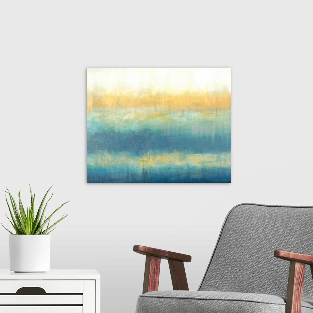 A modern room featuring Abstract painting in textured colors of white, yellow and blue.