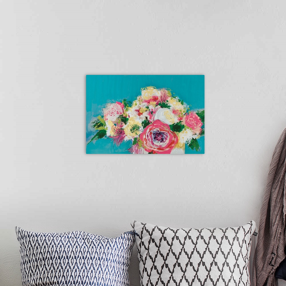 A bohemian room featuring A modern horizontal painting of a vase of colorful pink, white, and yellow roses with a blue back...