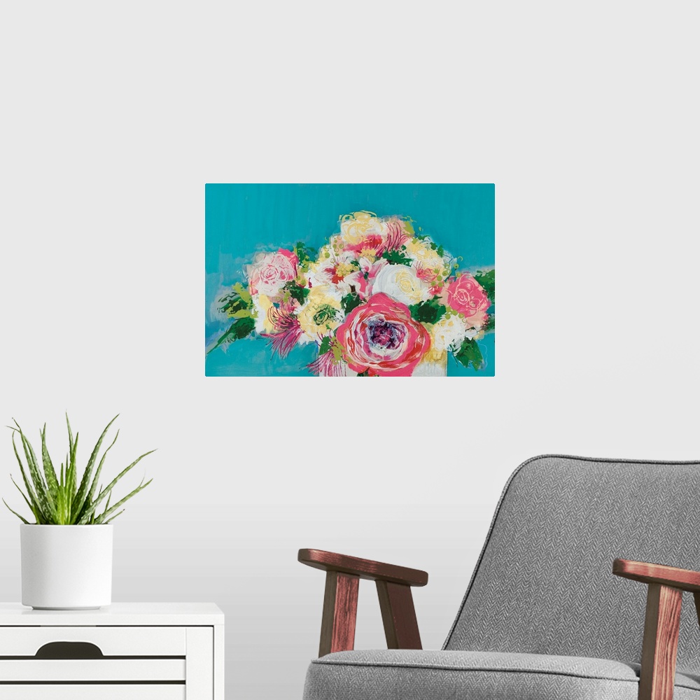 A modern room featuring A modern horizontal painting of a vase of colorful pink, white, and yellow roses with a blue back...