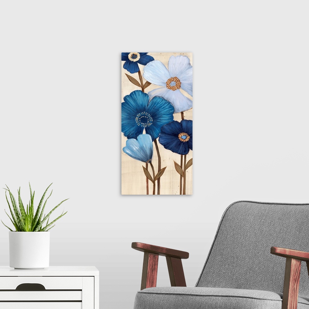 A modern room featuring Vertical painting of a group of blue flowers against a neutral backdrop.
