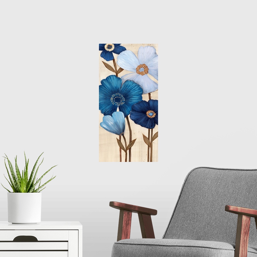 A modern room featuring Vertical painting of a group of blue flowers against a neutral backdrop.