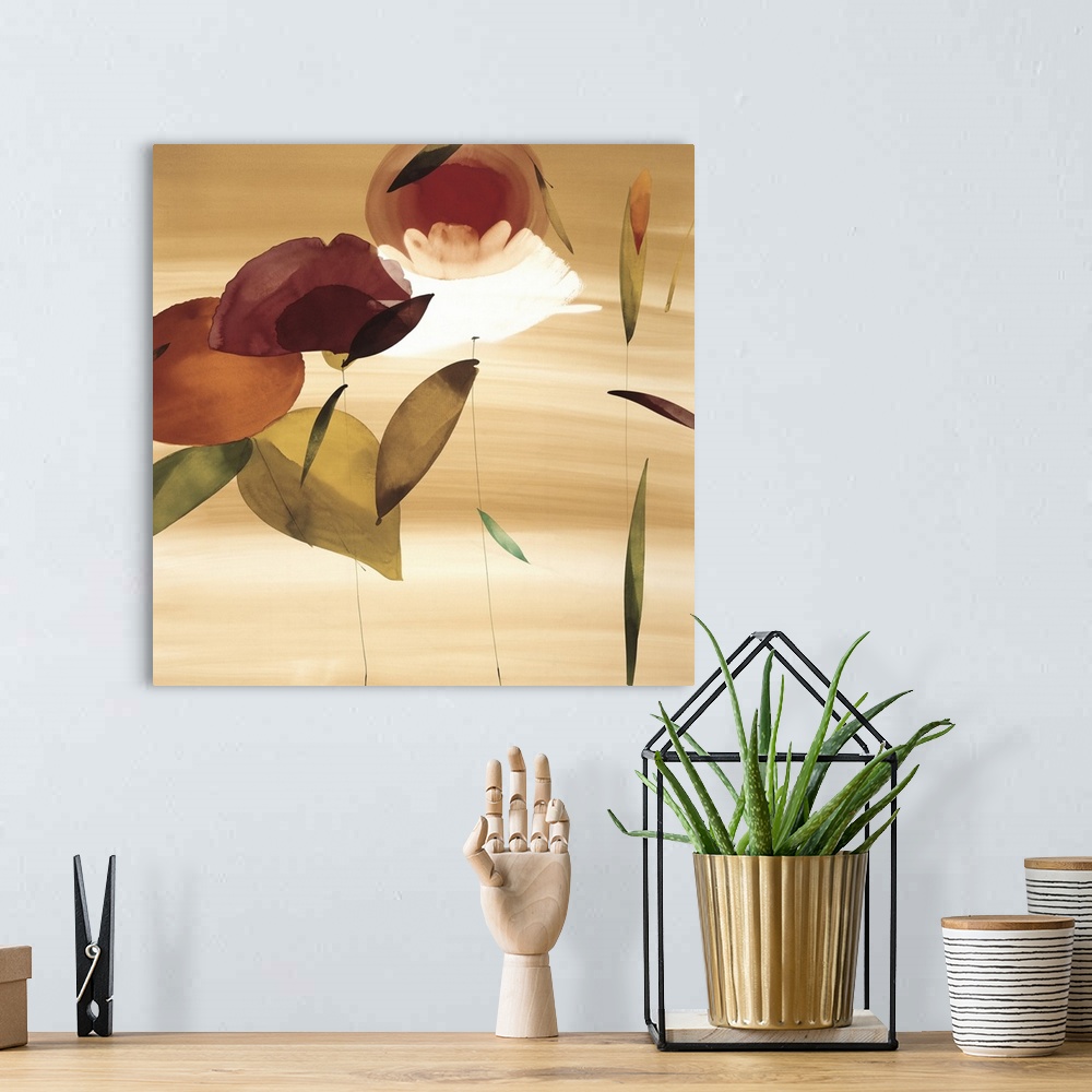 A bohemian room featuring A vertical painting in a modern design of flowers.