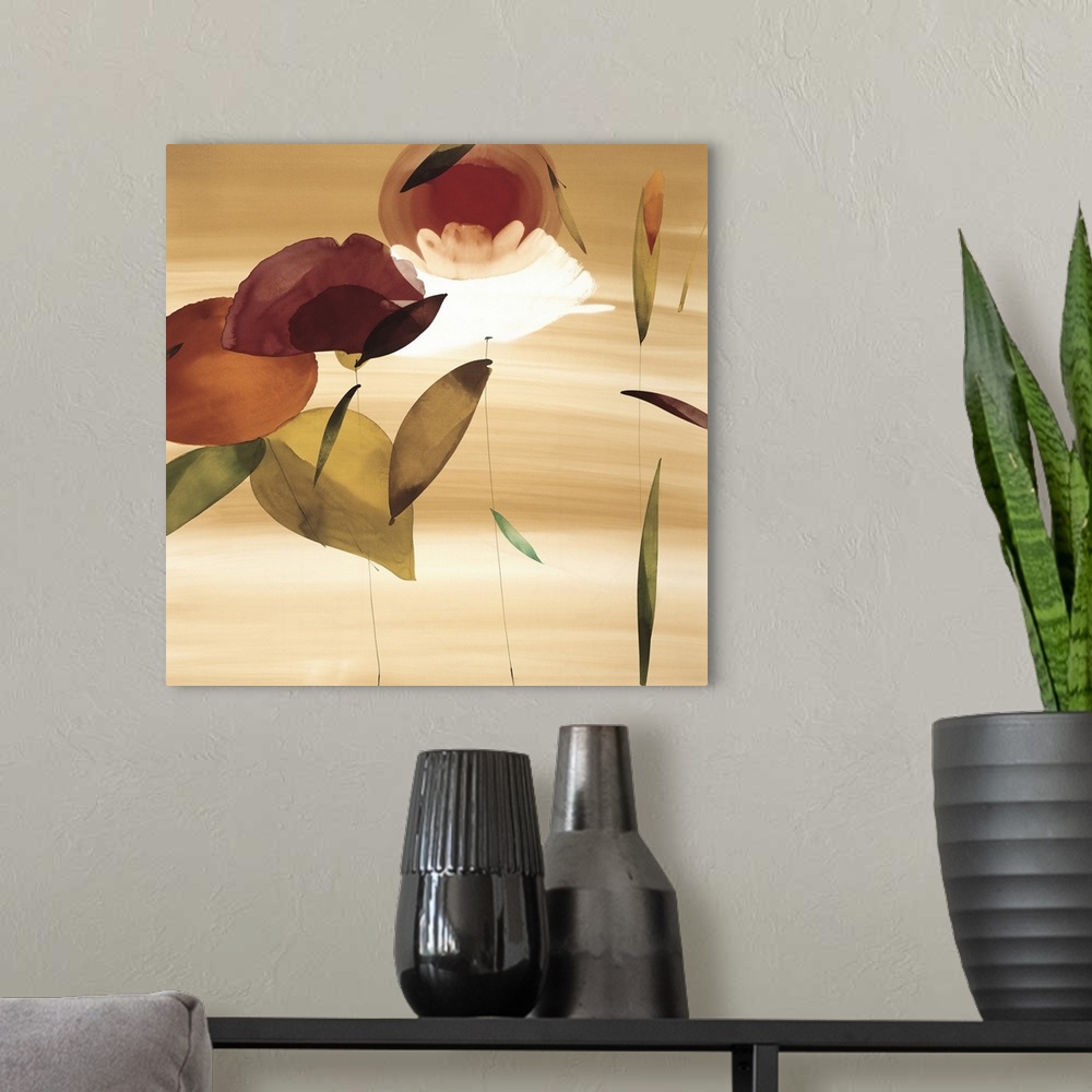 A modern room featuring A vertical painting in a modern design of flowers.
