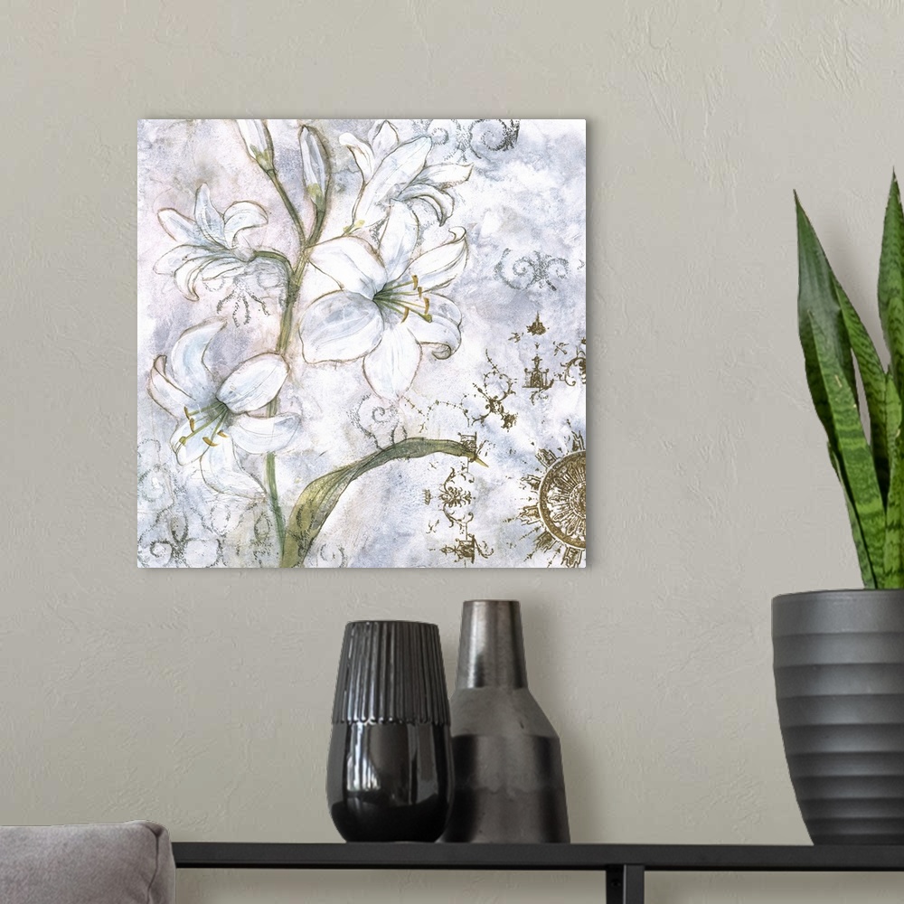 A modern room featuring Contemporary artwork of a stem of white lilies with gold accents and a textured background.
