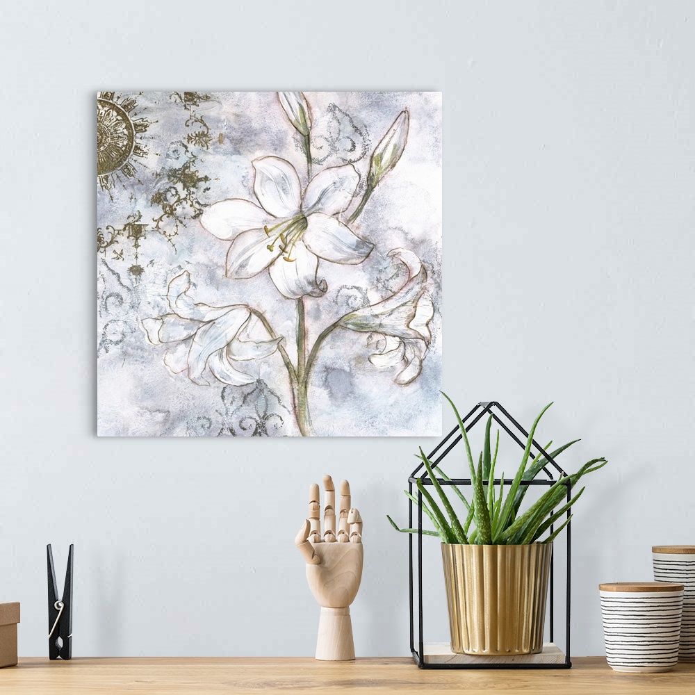 A bohemian room featuring Contemporary artwork of a stem of white lilies with gold accents and a textured background.