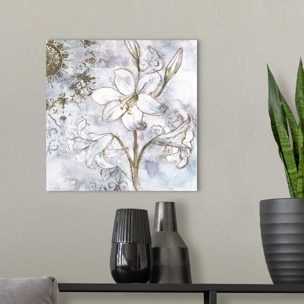 A modern room featuring Contemporary artwork of a stem of white lilies with gold accents and a textured background.
